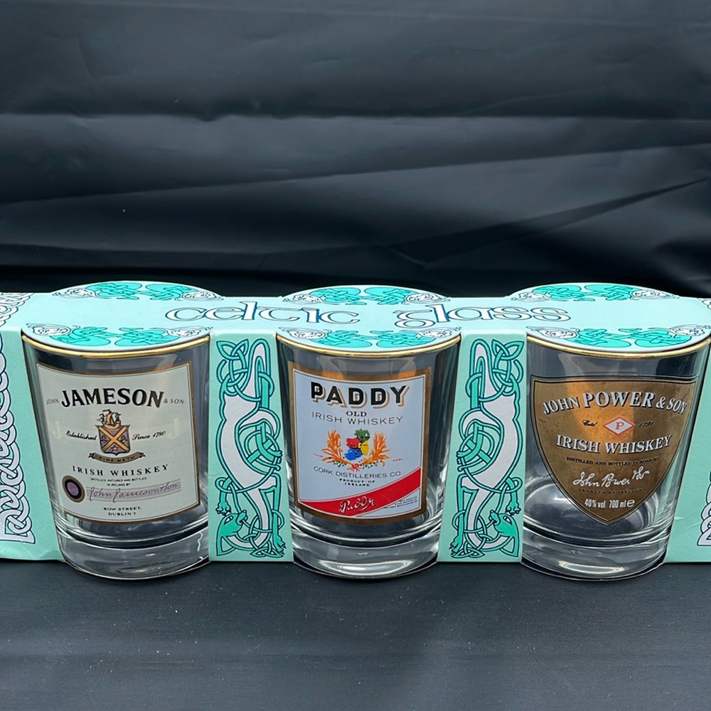 Whiskey Glasses. Set of 3, NIB. Vintage Jameson, Paddy and John Power Labels.